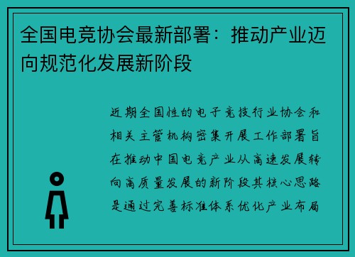 全国电竞协会最新部署：推动产业迈向规范化发展新阶段